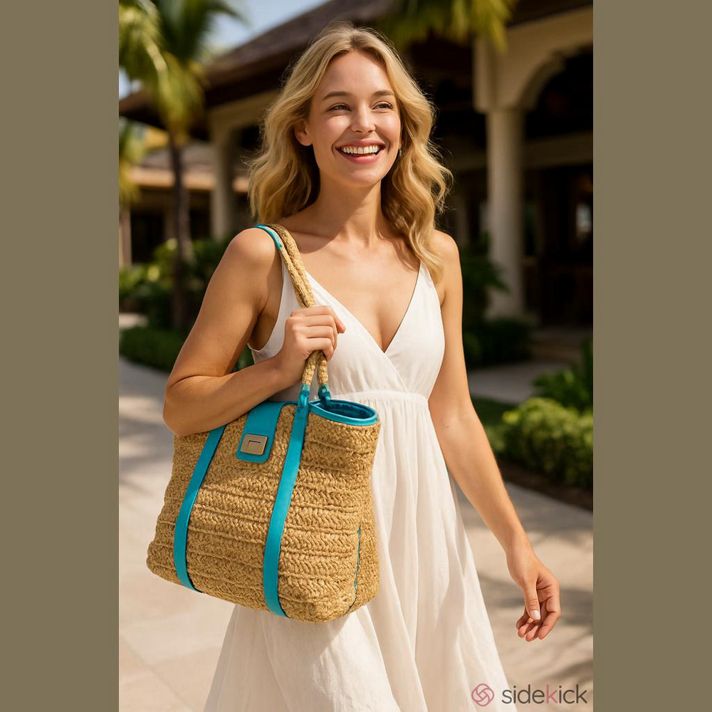 Talbots Large Woven Paper Straw Tote Bag Turquoise Blue Leather Trim Gold - Picture 5 of 12